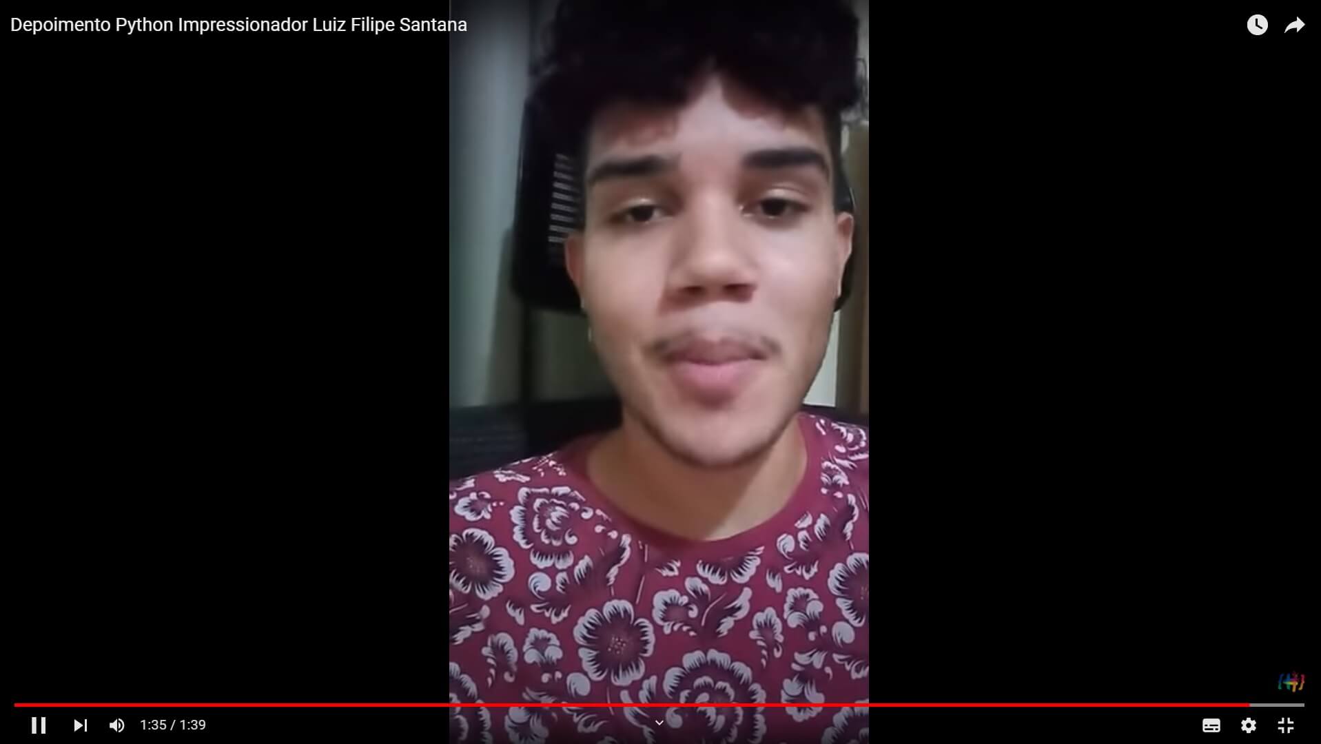 Depoimento em vídeo de Luiz Filipe, aluno(a) do curso de Python