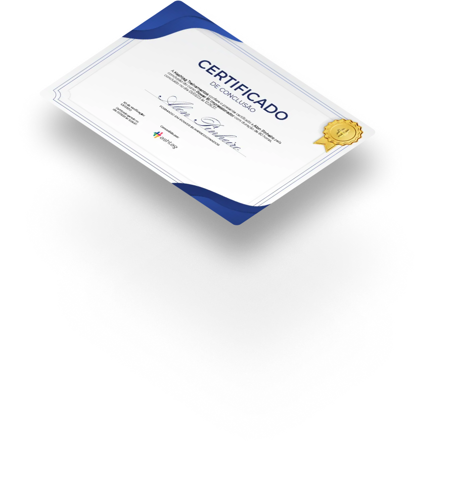 Exemplo de certificado de conclusão da Hashtag Treinamentos