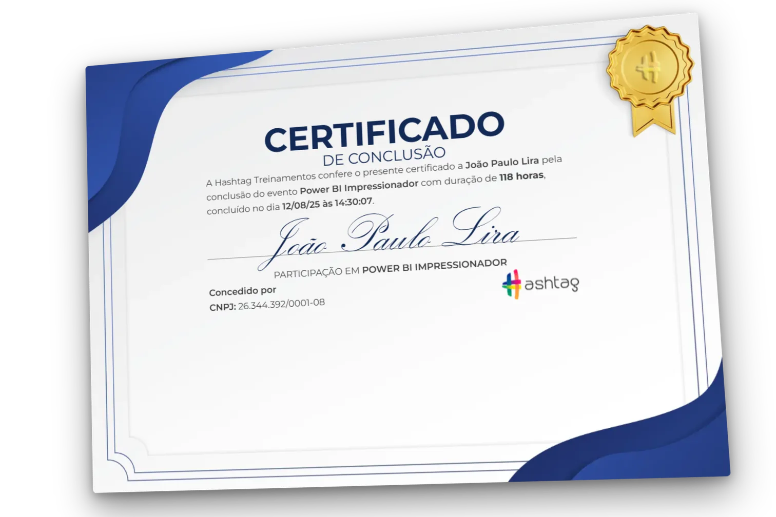 Modelo do certificado de conclusão do Power BI Impressionador