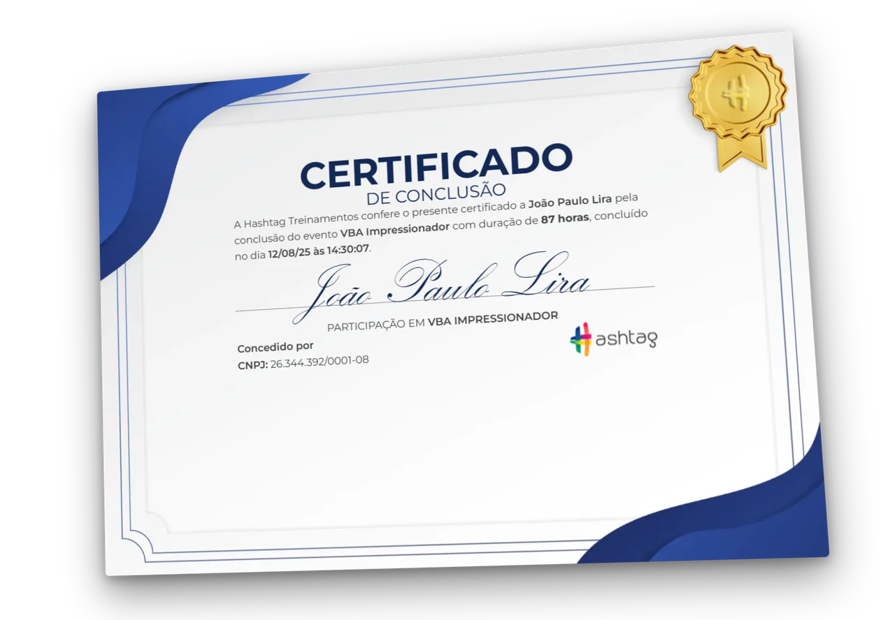 Modelo do certificado de conclusão do VBA Impressionador