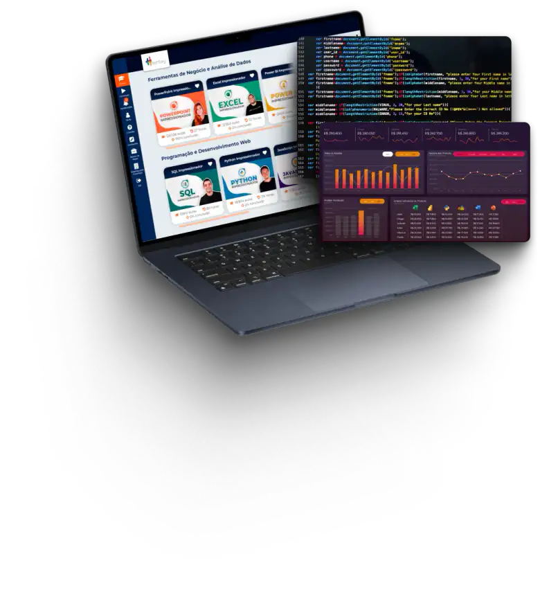 Notebook com a plataforma da Hashtag, tela com c&oacute;digos e dashboard