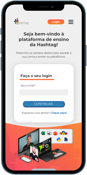 Smartphone com a tela de login da plataforma da Hashtag Treinamentos