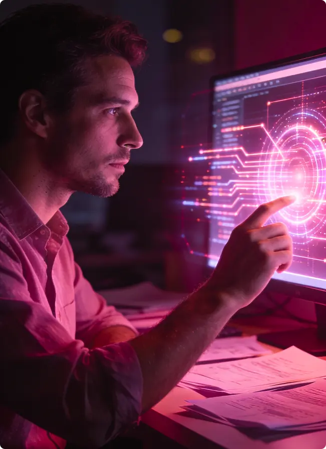 Homem tocando a tela de um computador projetando luzes