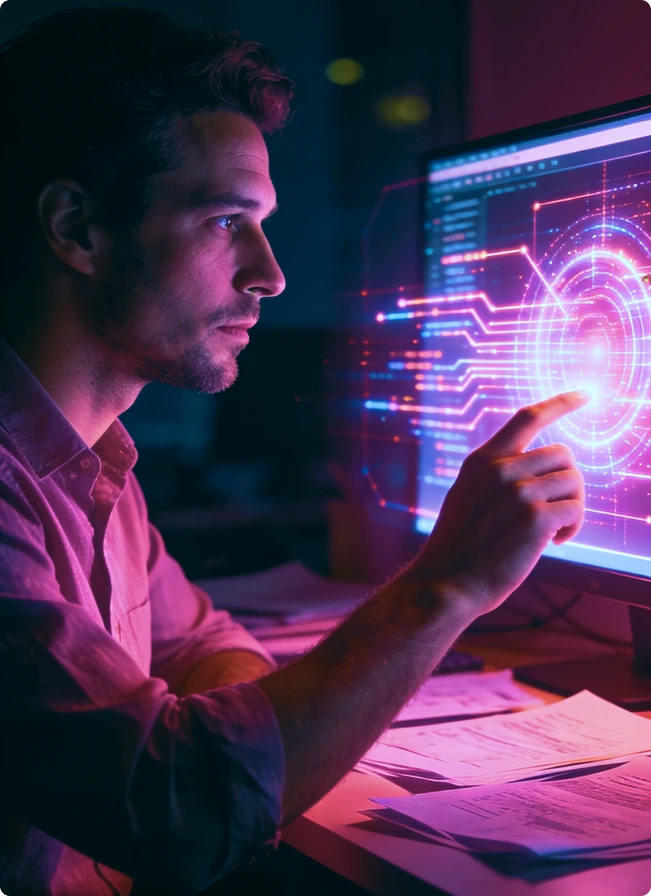 Homem tocando a tela de um computador projetando luzes