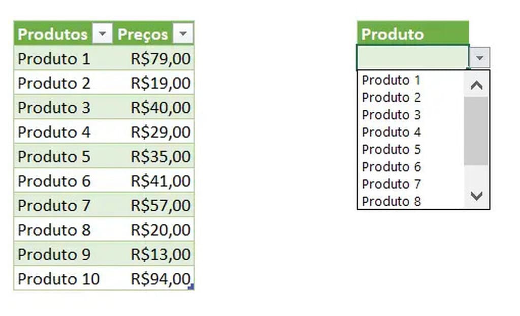 Exemplo de lista suspensa no Excel