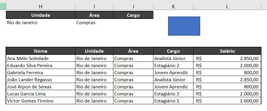Tabela após Filtro Avançado