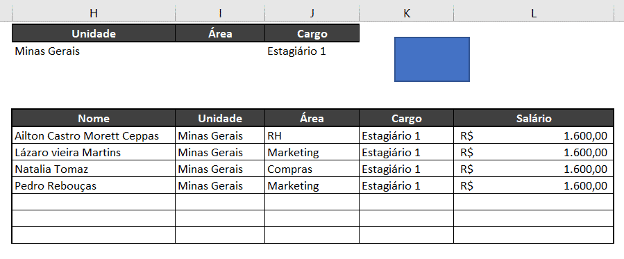 Tabela após Filtro Avançado