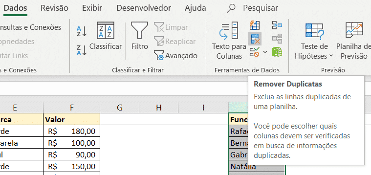 Utilizando a opção de remover duplicatas