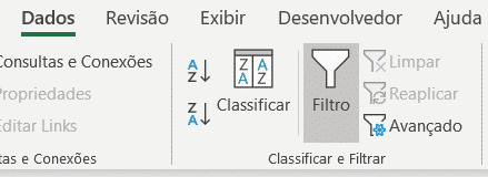 Selecionando a opção de Filtro