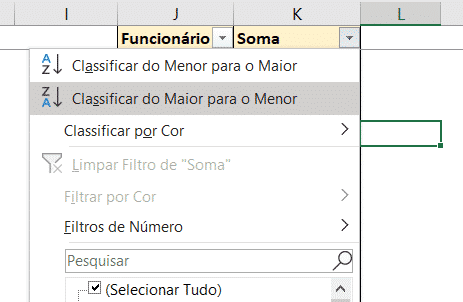 Filtrando a soma do Maior para o Menor - Teste de Excel Resolvido