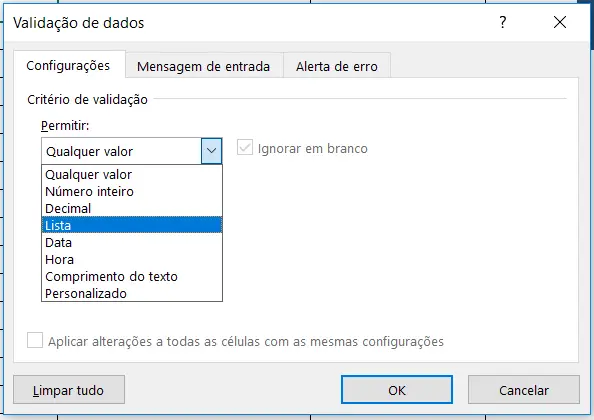 Selecionando a opção Lista na validação de dados