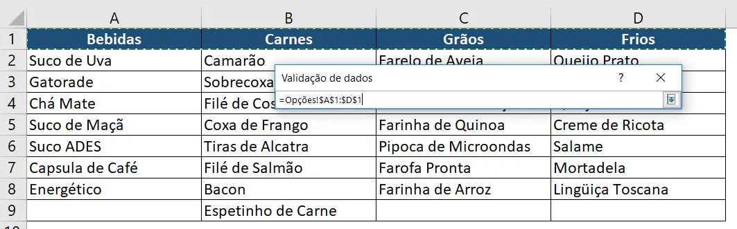 Selecionando os cabeçalhos das colunas auxiliares