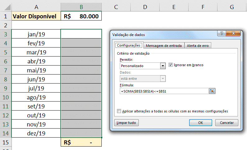 Validação de Dados Personalizada - É possível fazer tudo isso!? 2 Fórmula personalizada para a validação de dados com um valor limite