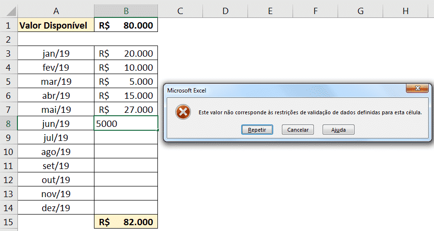 Validação de Dados Personalizada - É possível fazer tudo isso!? 3 Erro gerado pelo Excel ao exceder o valor estipulado