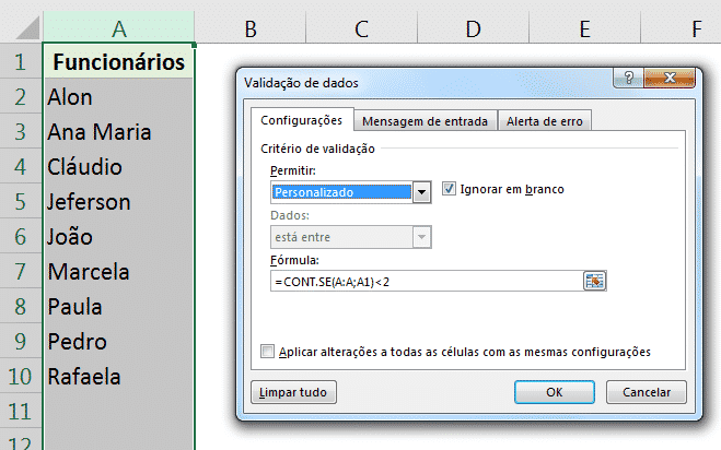 Validação de Dados Personalizada - É possível fazer tudo isso!? 6 Validação de dados para verificar se um valor está repetido