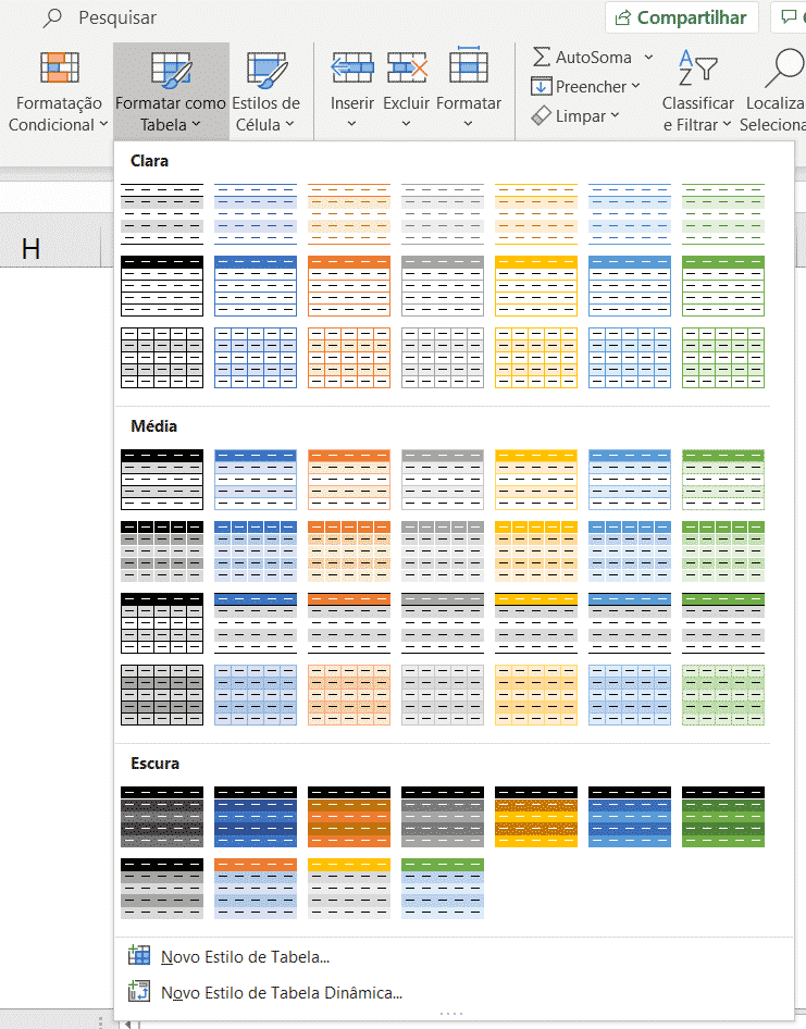 Selecionando a opção Formatar como Tabela