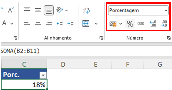 Opção de Porcentagem no Excel