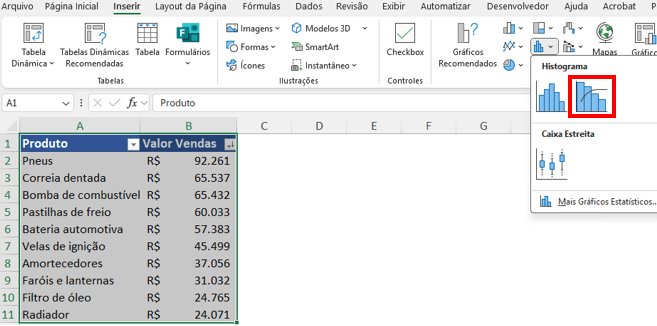 Inserir Diagrama de Pareto sem FĂłrmulas no Excel