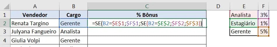 Função SE Excel