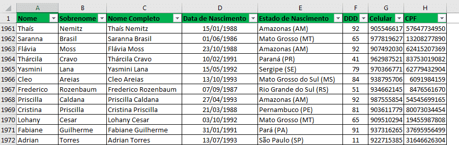 Descendo na planilha para verificar que a primeira linha foi congelada