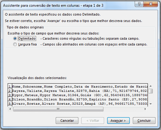 Primeira janela para configurar a conversão de texto para coluna