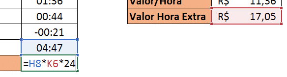 Fórmula para obter o valor do salário de horas extras excel