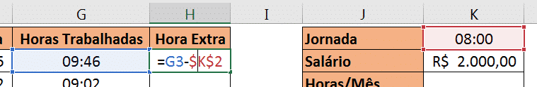 Fórmula para o cálculo de horas extras excel