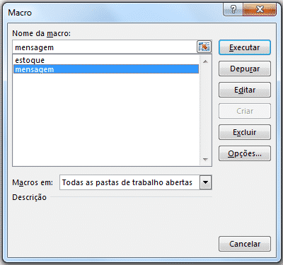 Selecionando a macro com MsgBox VBA para editá-la