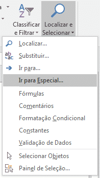 Opção Ir para Especial dentro de Localizar e Substituir