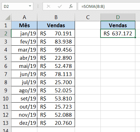 Fórmula de soma selecionando toda a coluna