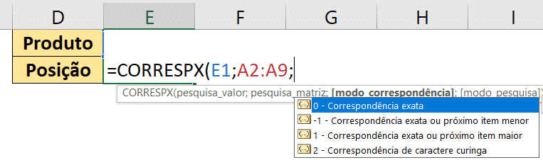 Opções do modo correspondência