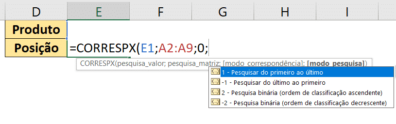 Opções do modo pesquisa