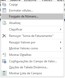 Opção de formato de número da tabela dinâmica no excel