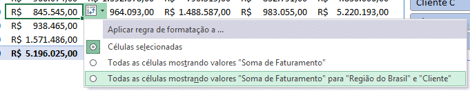 Opção para expandir a formatação condicional na tabela dinâmica no excel