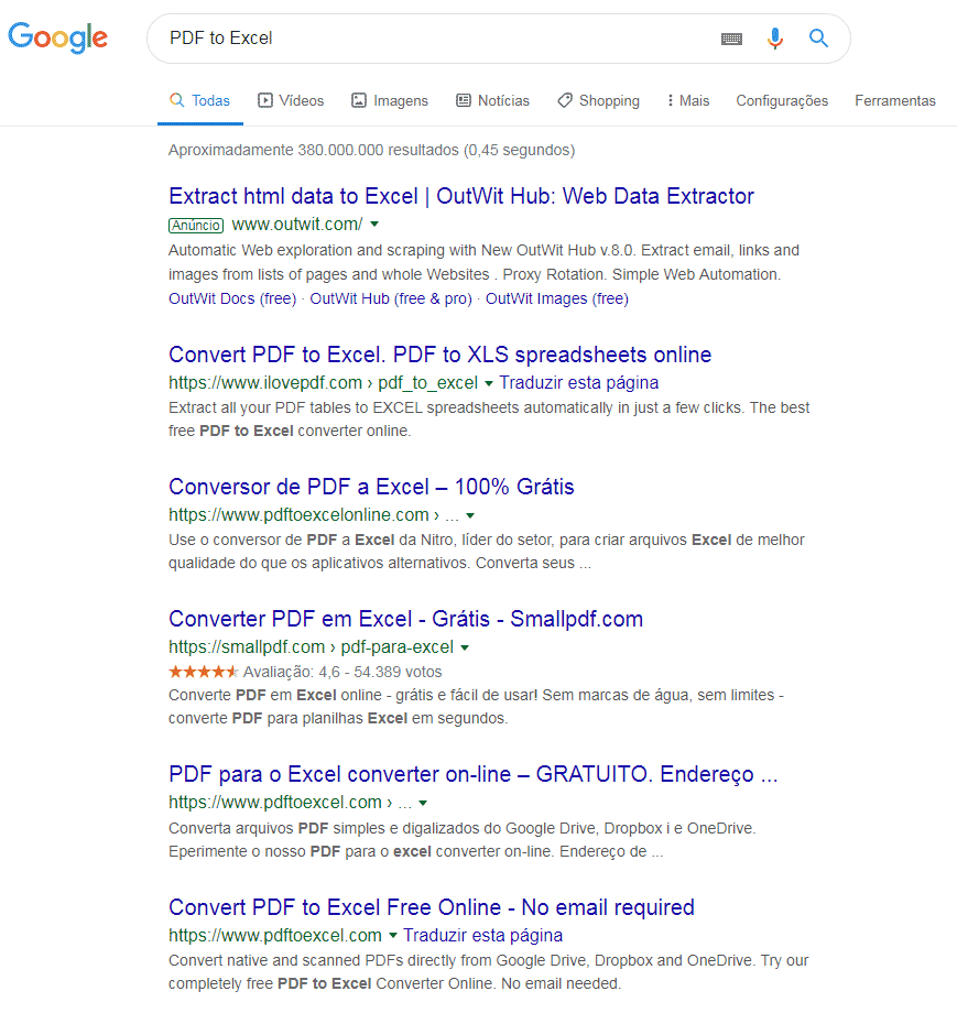 Procura no navegador para conversão de PDF para Excel