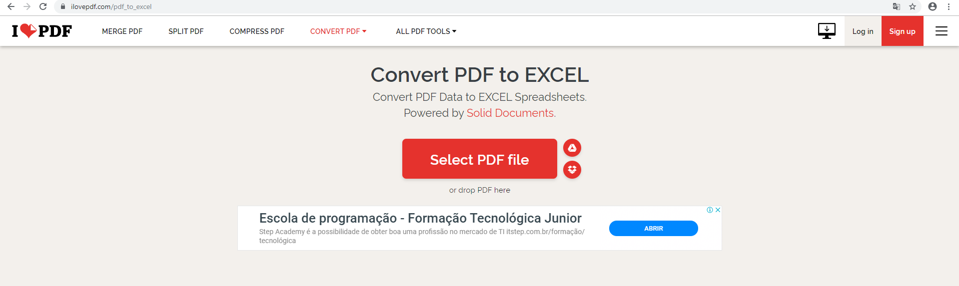 Site para a conversão de arquivo PDF para Excel