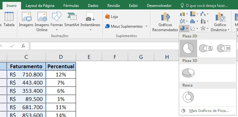 Opção para criação do gráfico de pizza 2D