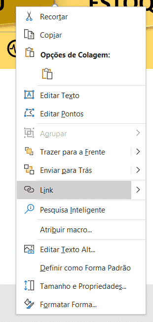 Opção para inserir o link ou hiperlink