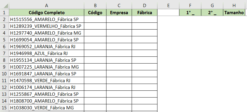 Tabela inicial que será utilizada para separar textos no excel