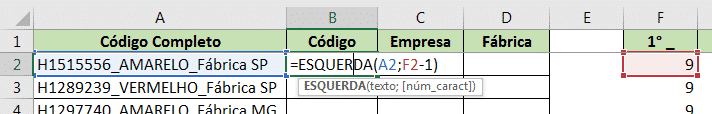 Fórmula ESQUERDA com os argumentos para obter o código