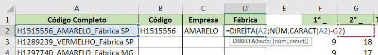 Fórmula DIREITA com os argumentos para obter a fábrica