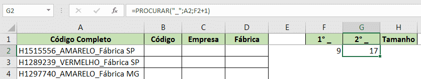 Resultado da fórmula PROCURAR com 3 argumentos