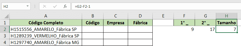 Resultado da fórmula para obter o tamanho da palavra referente a empresa