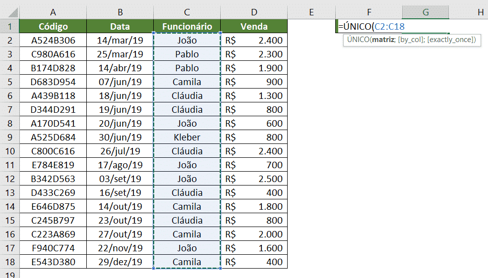 Utilizando a função ÚNICO