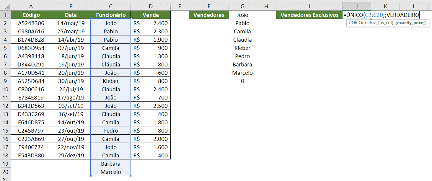 Utilizando o terceiro argumento da fórmula para obter valores exclusivos