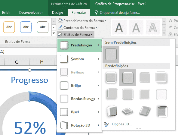 Inserindo efeitos na parte de Atingido do gráfico