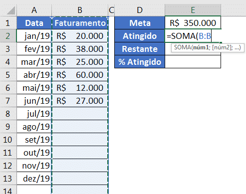 Utilizando a fórmula de SOMA para obter a quantidade atingida