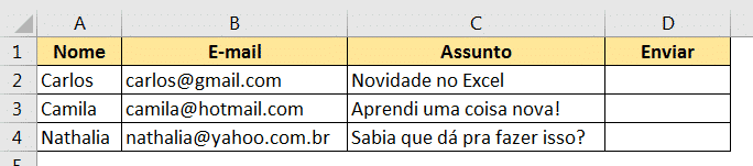 Tabela inicial para enviar email pelo excel