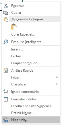 Opção para a criação do link/hiperlink