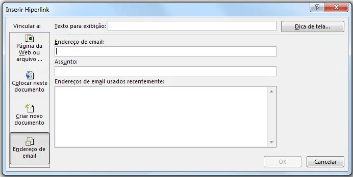 Janela para inserir as informações do link/hiperlink de e-mail